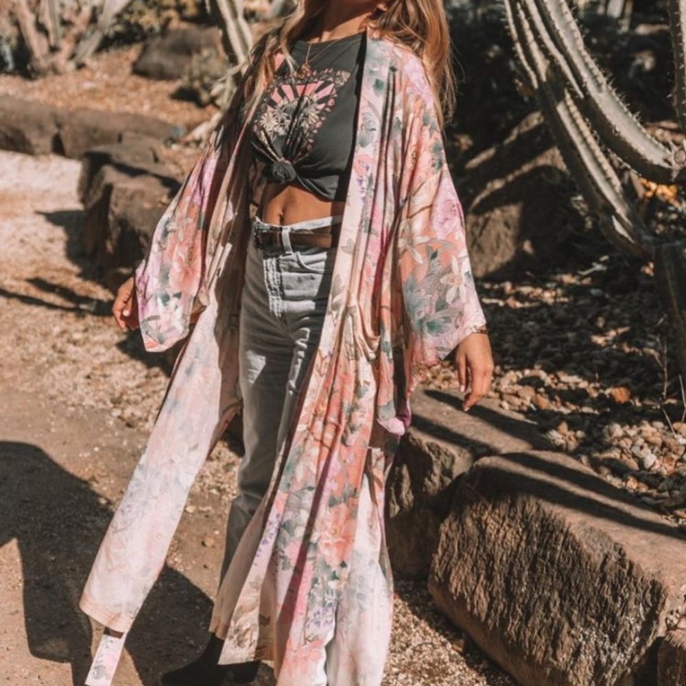 Pink Floral Lily Printed Boho Kimono Duster Robe